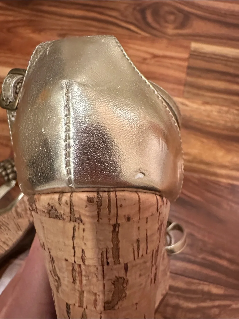 Steve Madden Metallic Gold Beaded Cork Wedge Sandals, 7